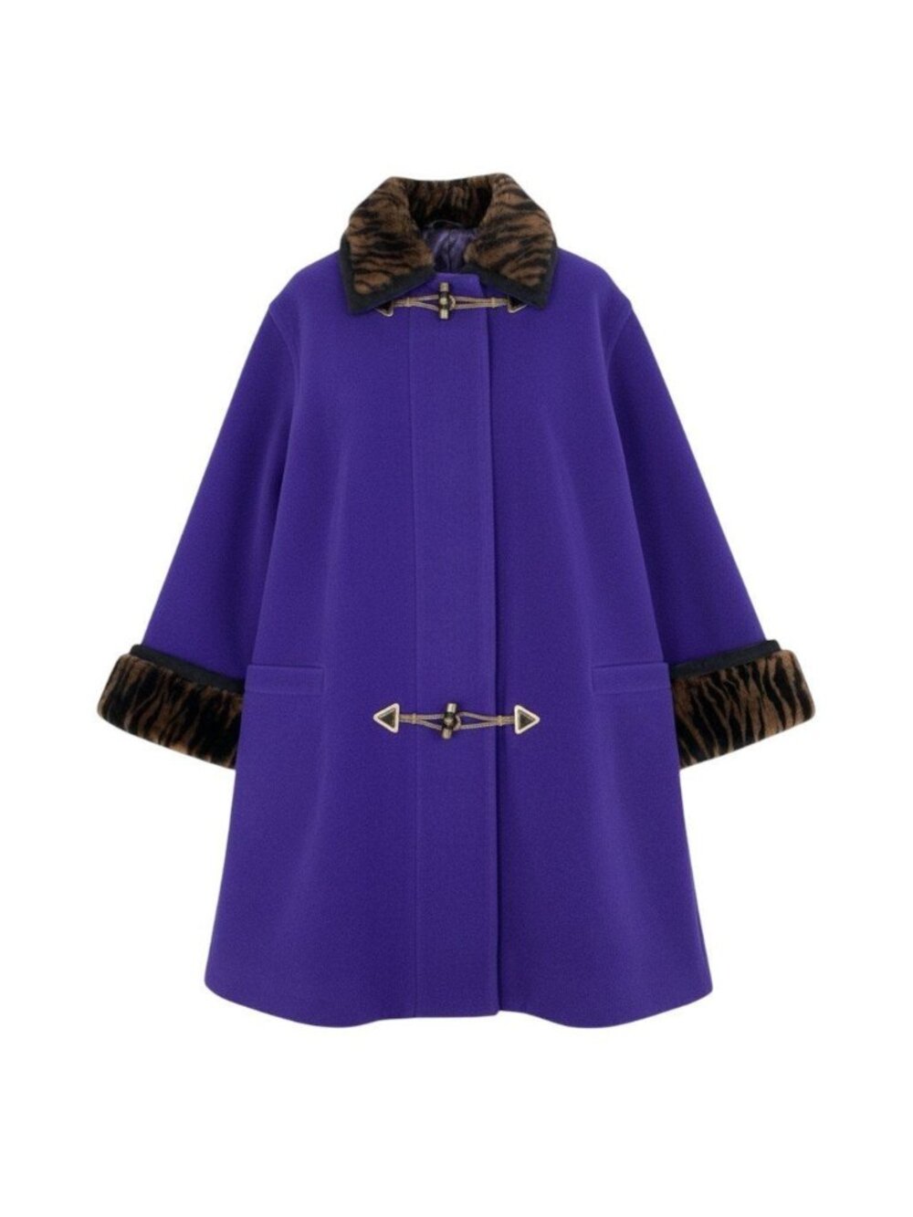 Versace Istate Long Wool Coat Fur Collar Tiger Pattern Purple